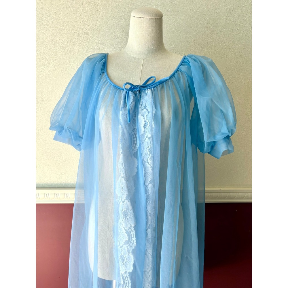 Vintage Stern-Maid Blue Sheer Lace Peignoir Robe USA Union Made S Coquette Girl - Picture 9 of 11